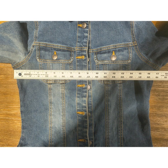 Old Navy Stretch Med Blue Denim Button Up Trucker Jeans Jacket Women's Size XS‎ - Picture 4 of 5